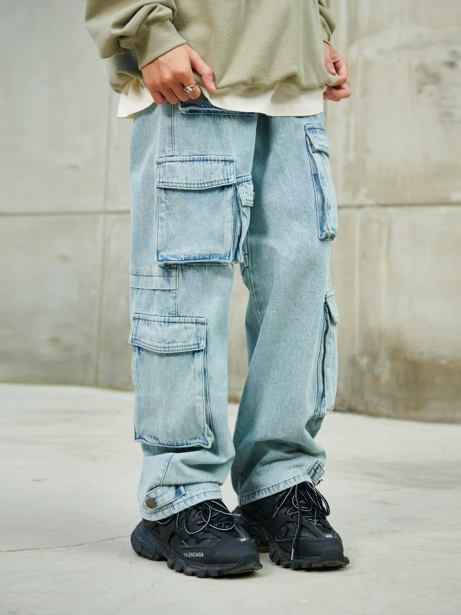 DICETINY multi-pocket washed distressed jeans