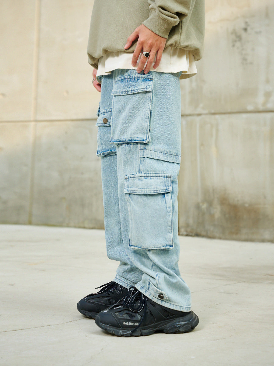 DICETINY multi-pocket washed distressed jeans