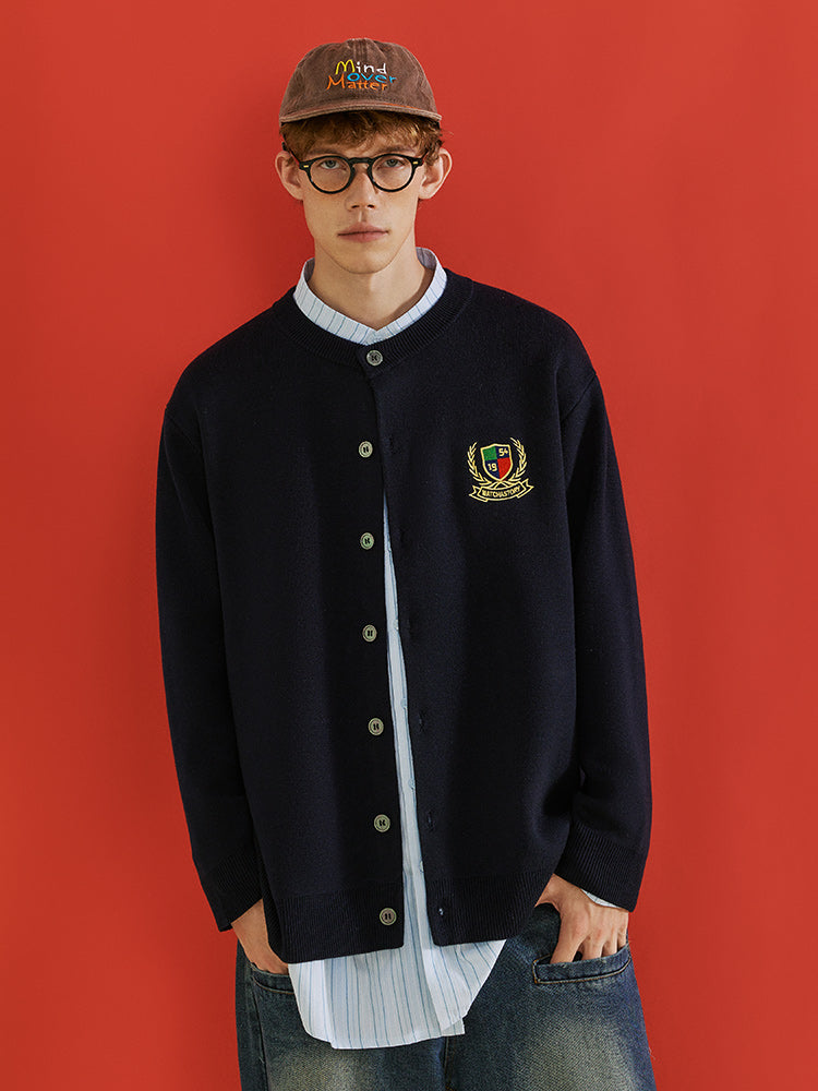 MATCHA STORY 1954 Badge Embroidered Crew Neck Cardigan Sweater