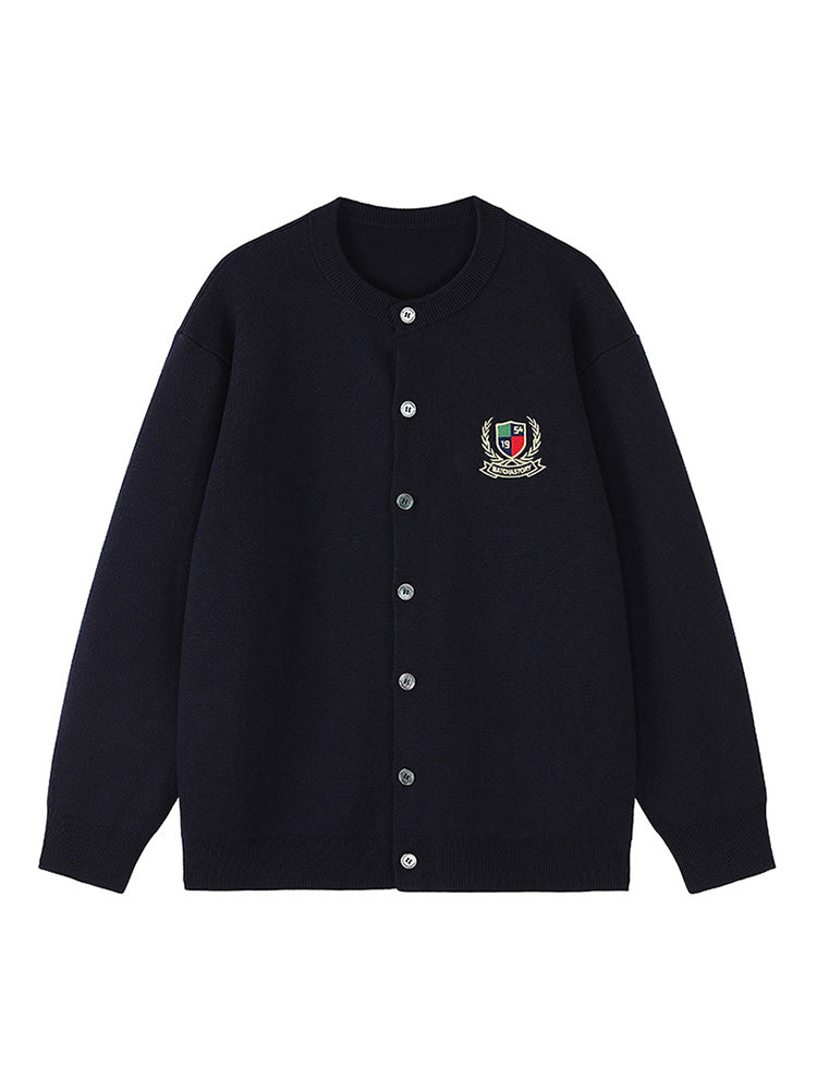 MATCHA STORY 1954 Badge Embroidered Crew Neck Cardigan Sweater