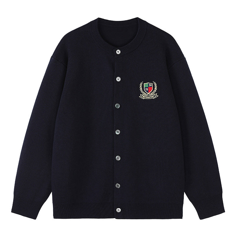 MATCHA STORY 1954 Badge Embroidered Crew Neck Cardigan Sweater