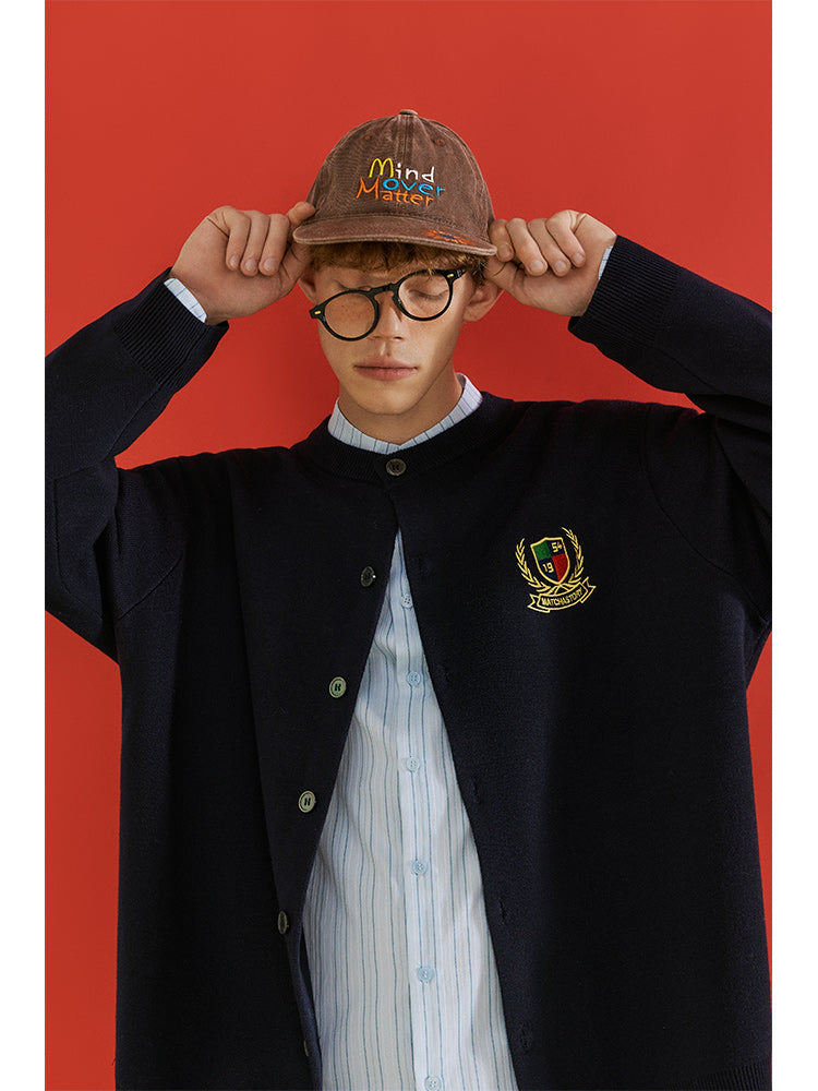 MATCHA STORY 1954 Badge Embroidered Crew Neck Cardigan Sweater