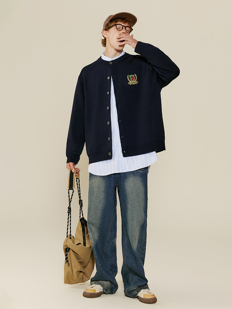 MATCHA STORY 1954 Badge Embroidered Crew Neck Cardigan Sweater