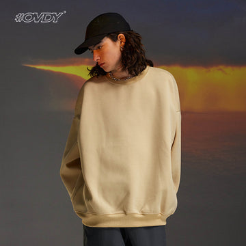 #OVDY Solid Color Round Neck Pullover Long Sleeve Loose Fleece Sweatshirt