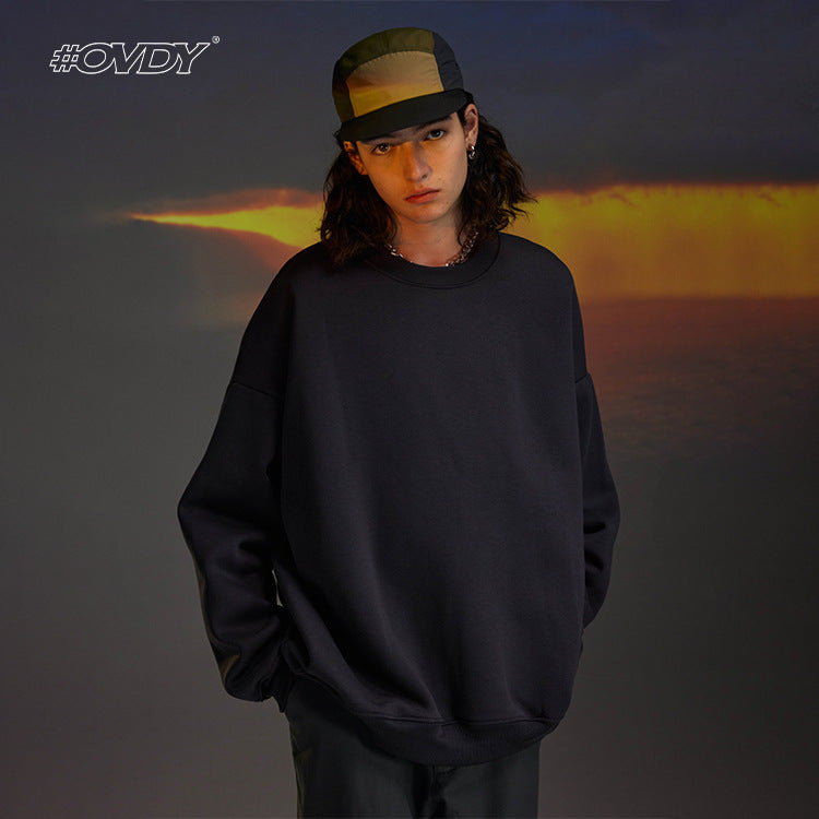 #OVDY Solid Color Round Neck Pullover Long Sleeve Loose Fleece Sweatshirt