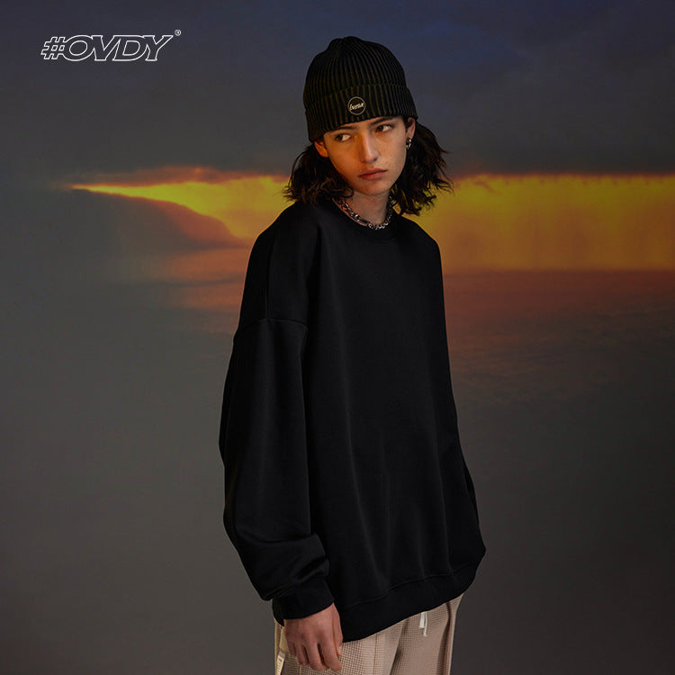 #OVDY Solid Color Round Neck Pullover Long Sleeve Loose Fleece Sweatshirt