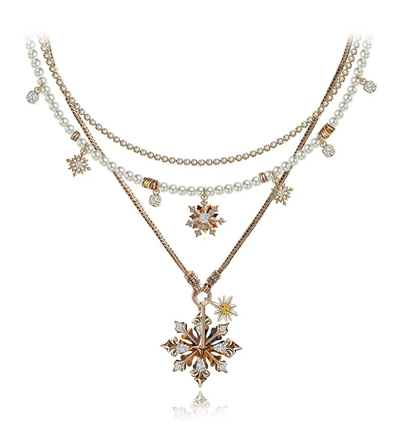 MASW Gold Pearl Double Stacked Snowflake Sweater Chain