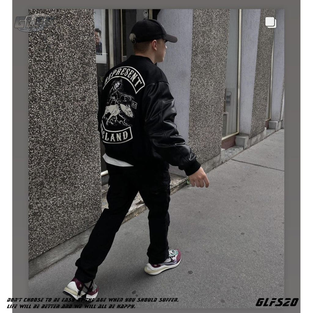 GLFS Embroidery Leather Sleeve Student Baseball Jacket