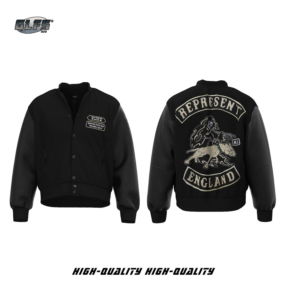 GLFS Embroidery Leather Sleeve Student Baseball Jacket