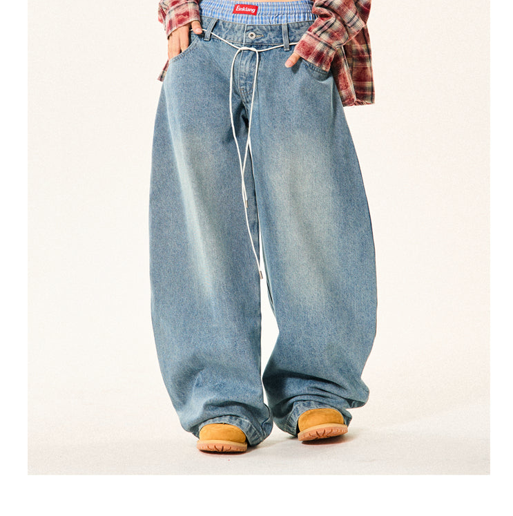 BlackBB Original Fake Two Pieces Double Waist Loose Wide-leg Jeans