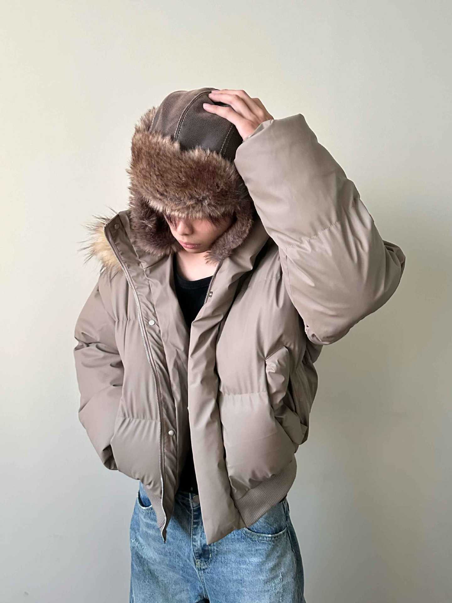 MADEXTREME Carved Detachable Hooded Winter Padded Fur Collar Parker Jacket