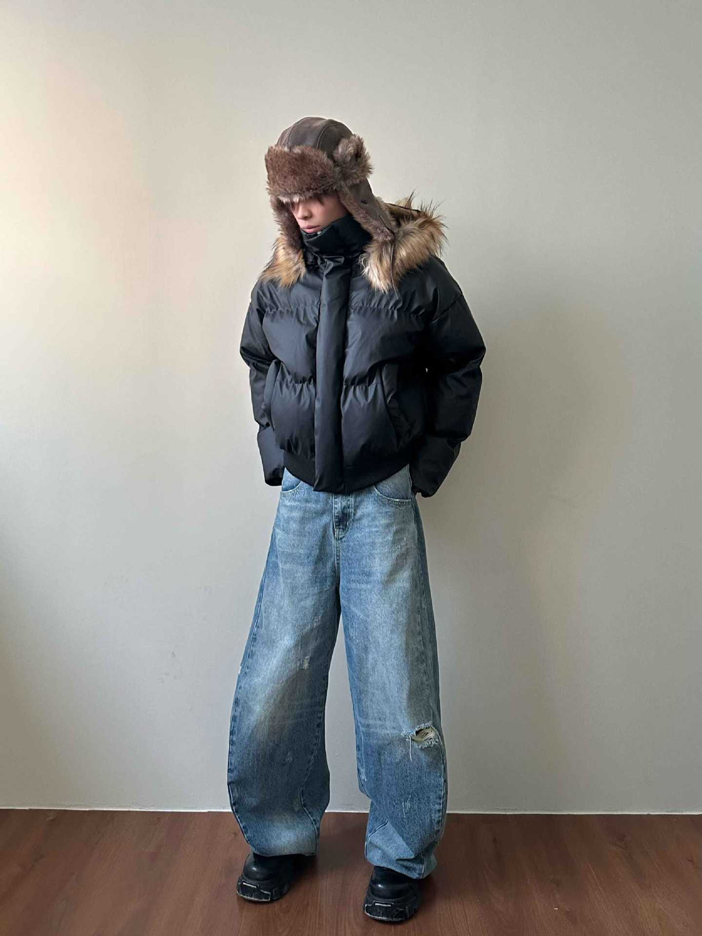 MADEXTREME Carved Detachable Hooded Winter Padded Fur Collar Parker Jacket