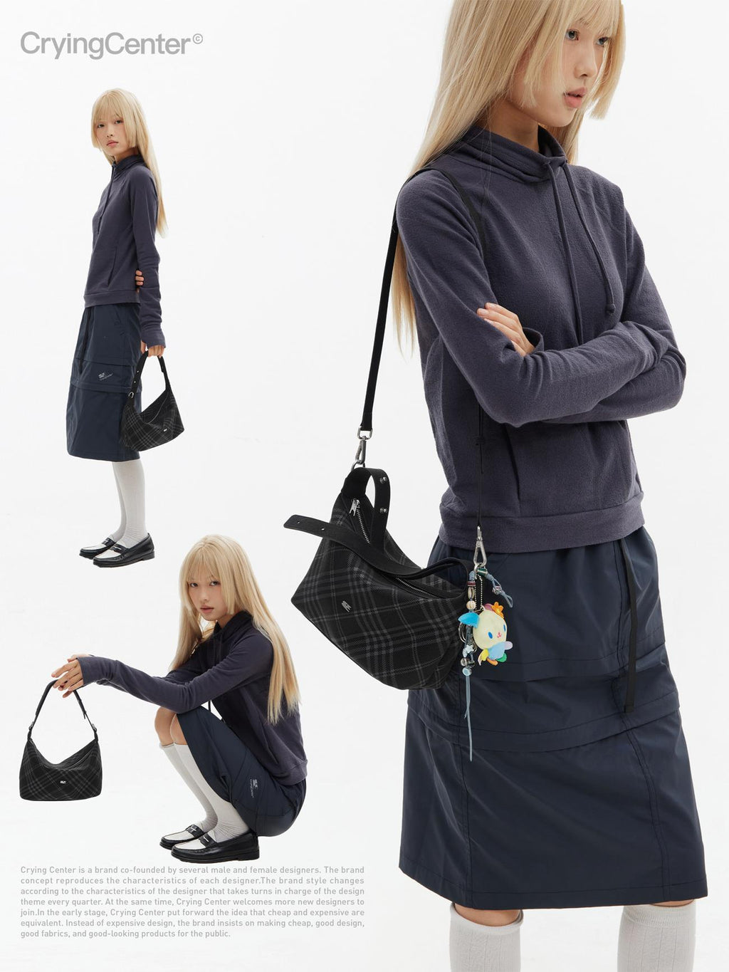 CryingCenter Black Faux Felt Check Tote Crossbody Bag