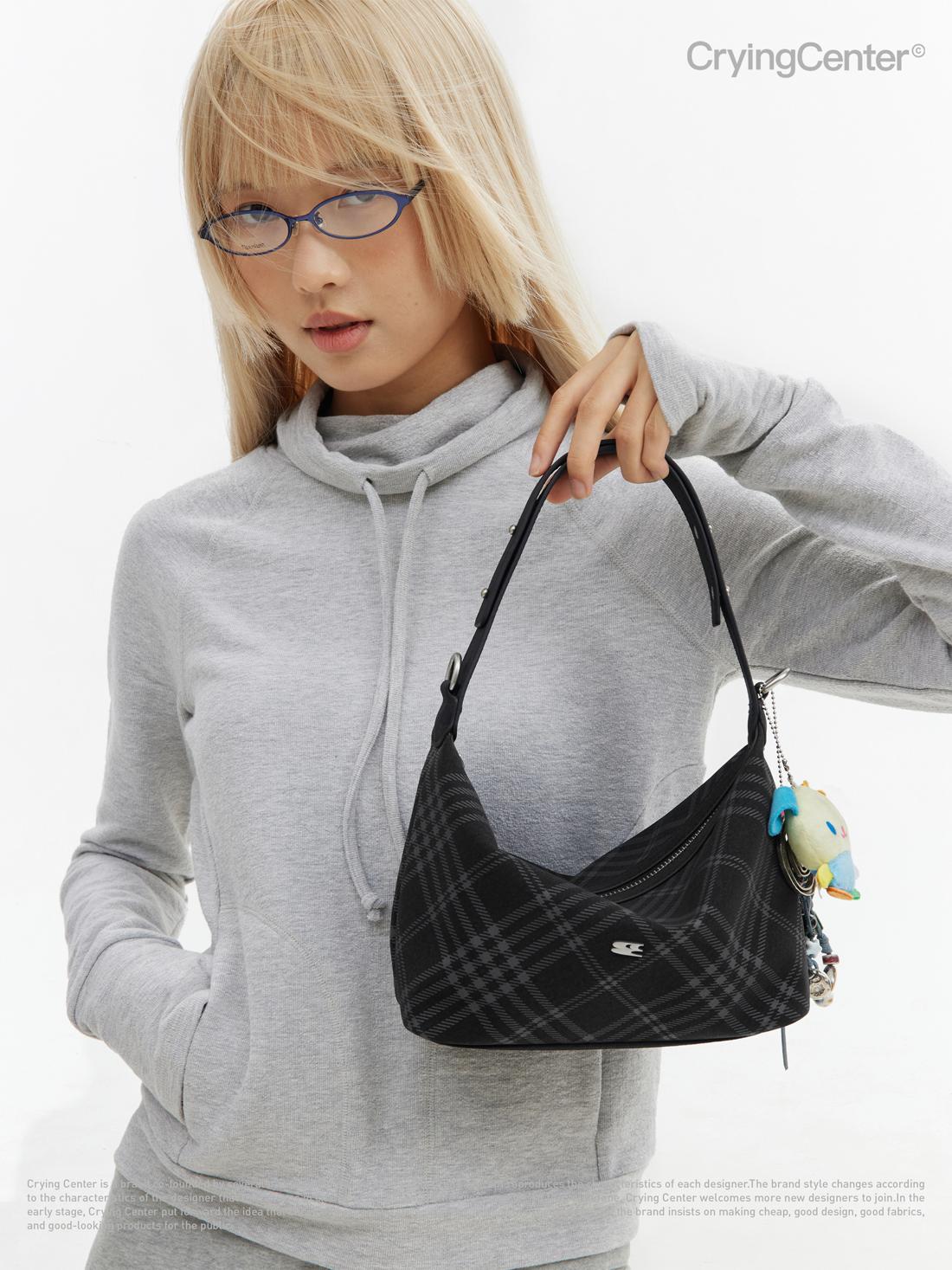 CryingCenter Black Faux Felt Check Tote Crossbody Bag