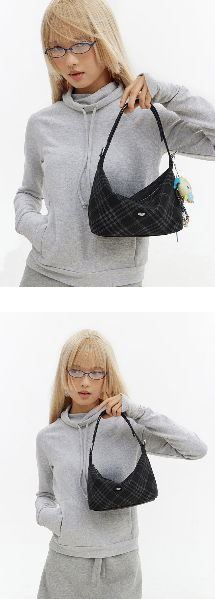 CryingCenter Black Faux Felt Check Tote Crossbody Bag