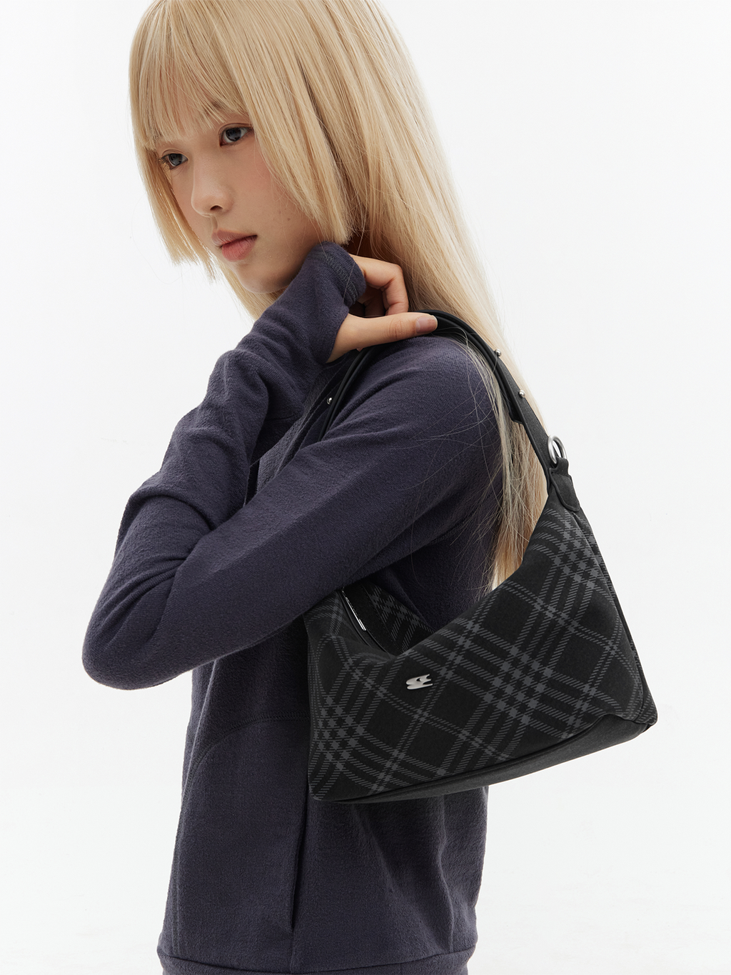 CryingCenter Black Faux Felt Check Tote Crossbody Bag