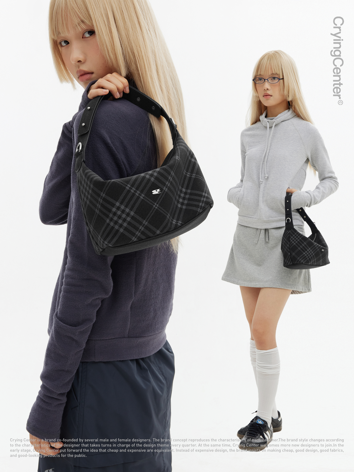 CryingCenter Black Faux Felt Check Tote Crossbody Bag