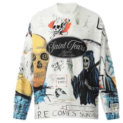 GLFS American Retro Full Print Skull Graffiti Long Sleeve Sweatshirt