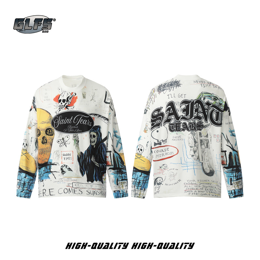 GLFS American Retro Full Print Skull Graffiti Long Sleeve Sweatshirt