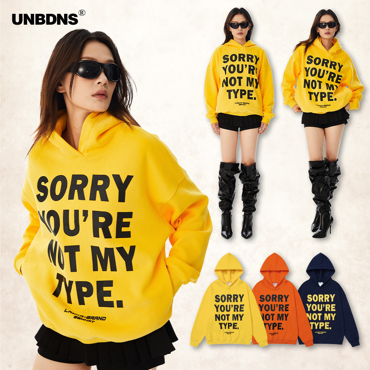 UNBDNS American retro letter print fleece hoodie