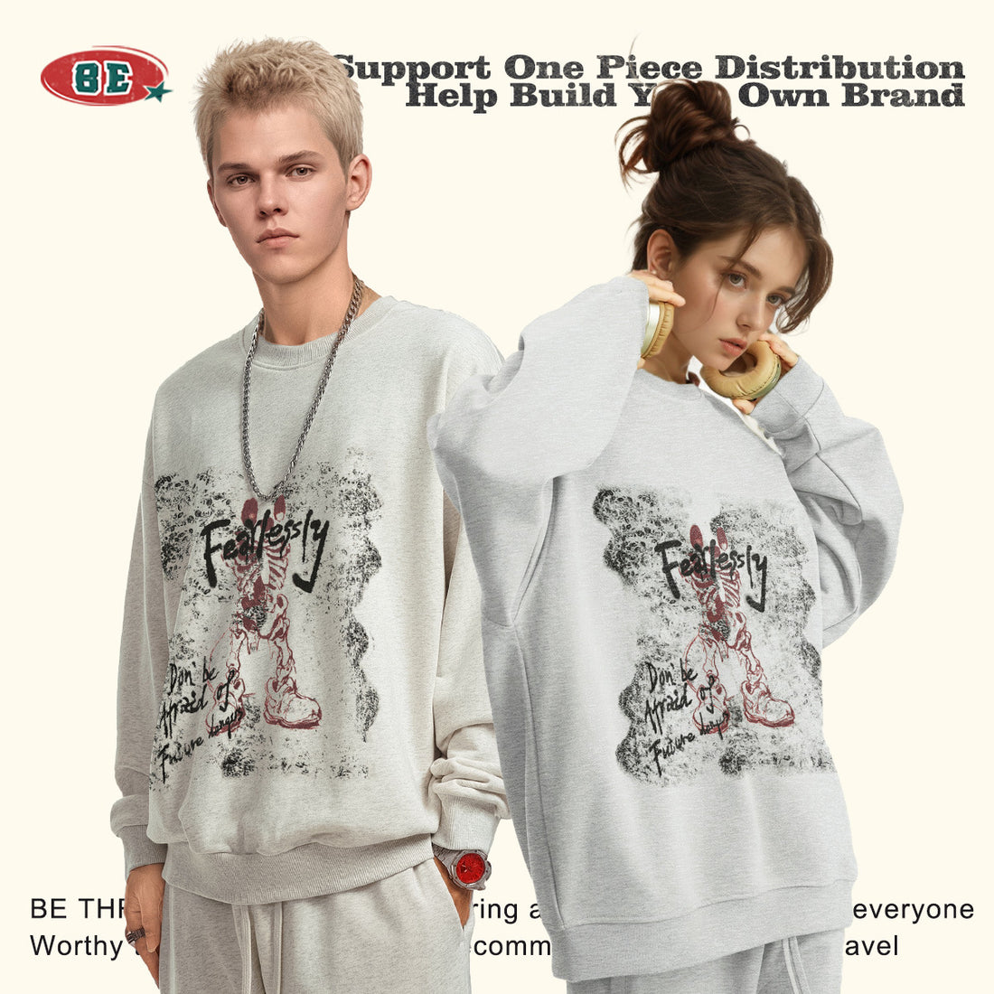 BE Skull Print Heavy Crew Neck Sweatshirt