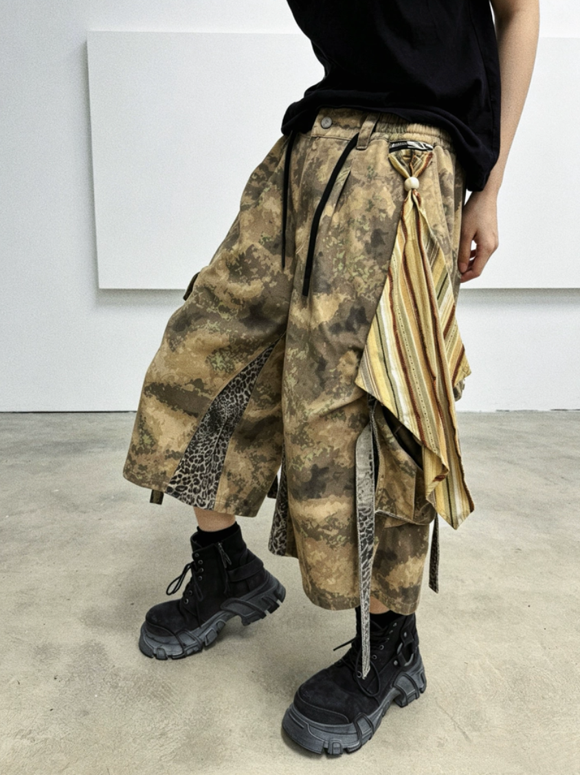 RELABEL Camouflage Leopard Print Splicing Tooling Eight-point Shorts