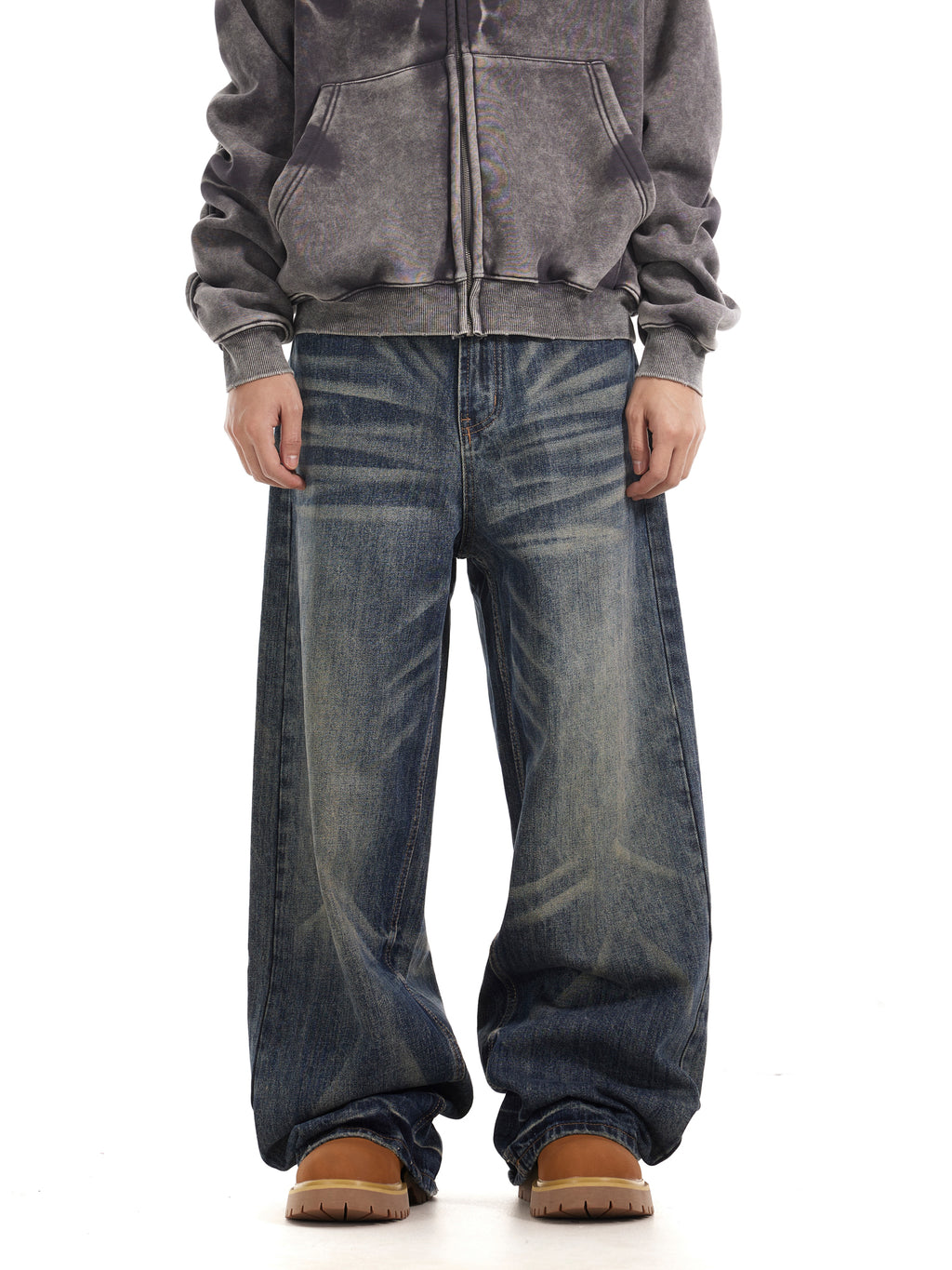 BTSG Wash Cat Whisker Loose Straight Jeans