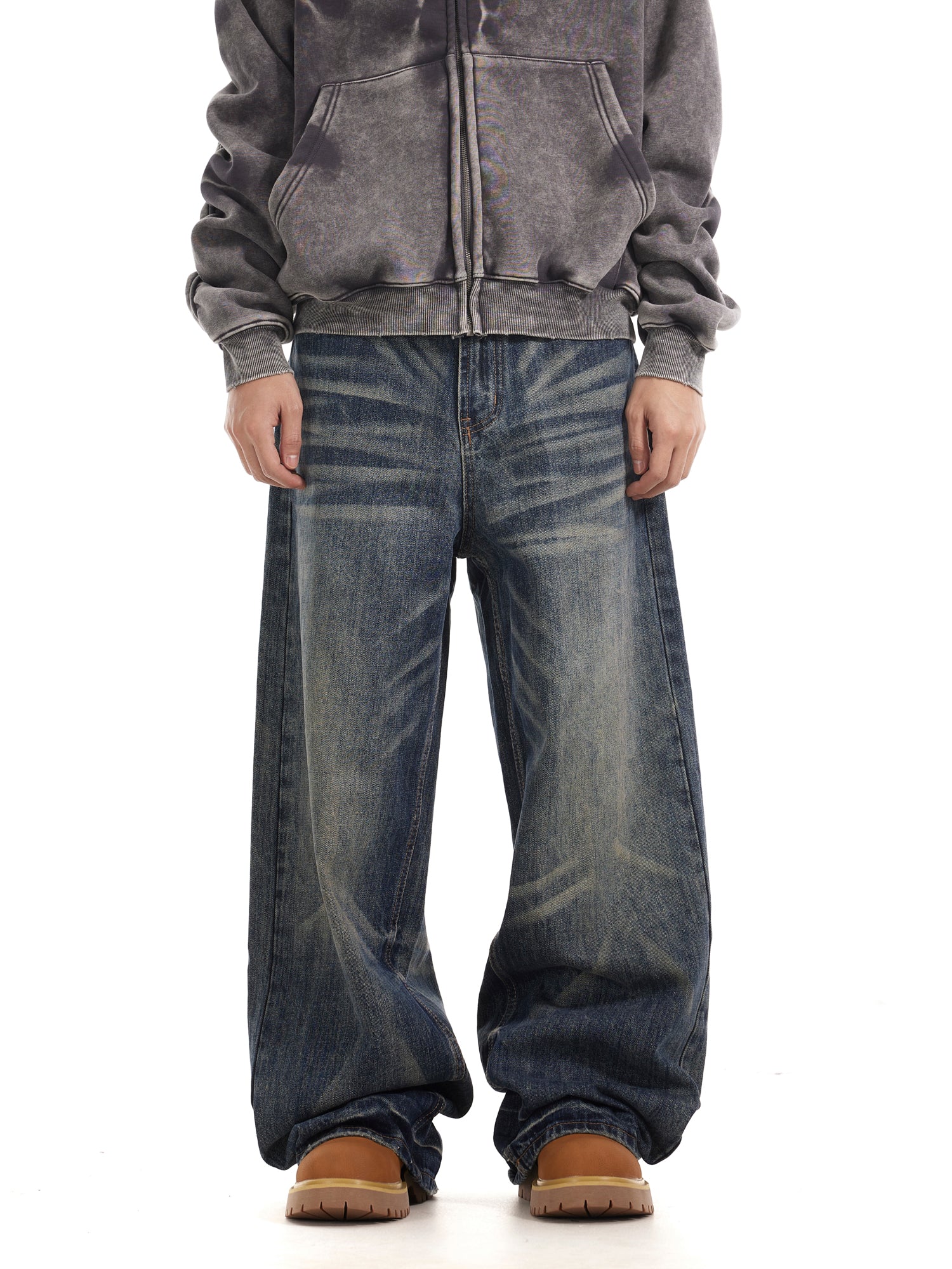 BTSG Wash Cat Whisker Loose Straight Jeans