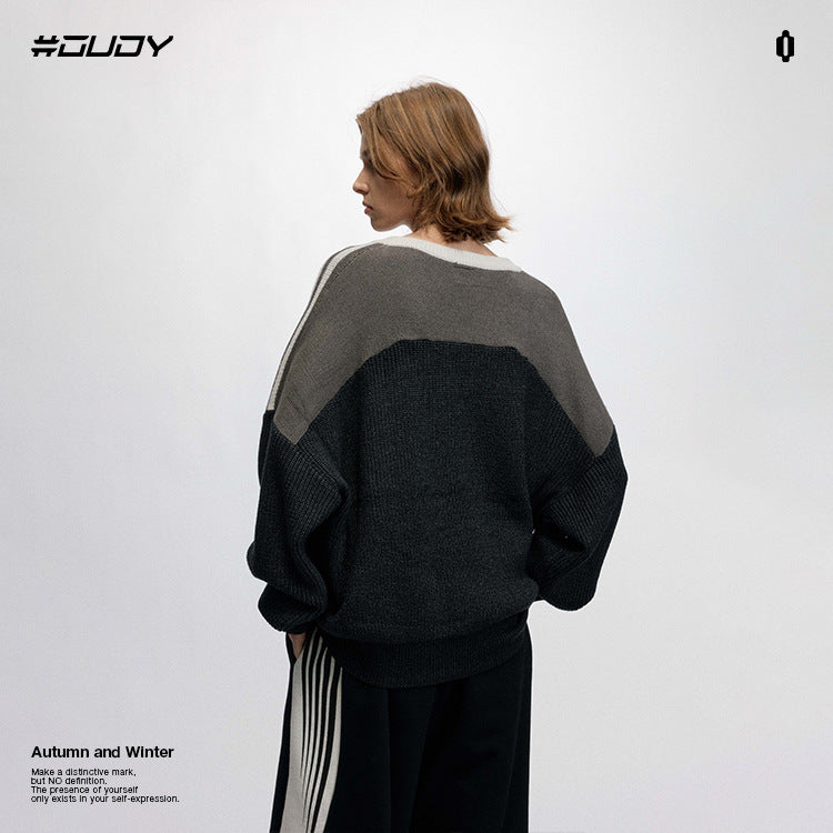 #OVDY Over size hand brush jacquard street wear rugby Style v-neck knit sweater