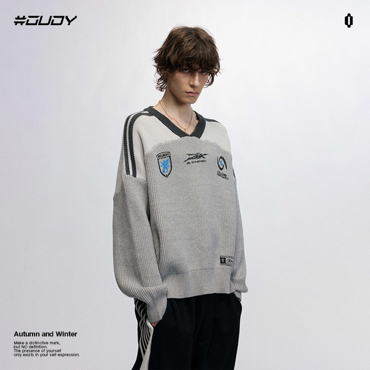 #OVDY Over size hand brush jacquard street wear rugby Style v-neck knit sweater