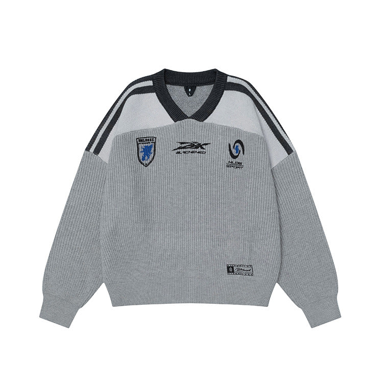 #OVDY Over size hand brush jacquard street wear rugby Style v-neck knit sweater
