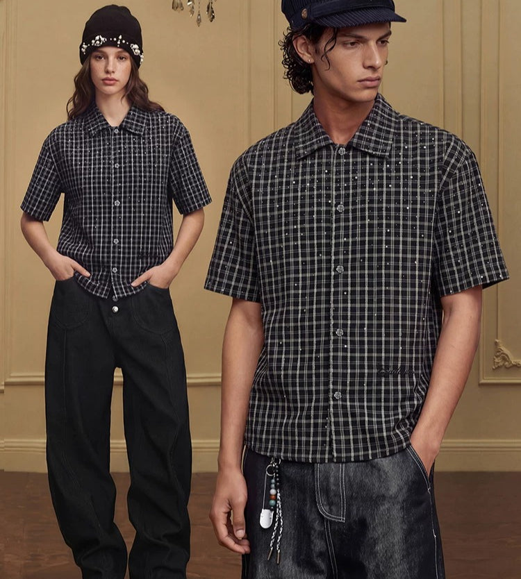 YADcrew Vintage Plaid Full Diamond Loose Short Sleeve Shirt