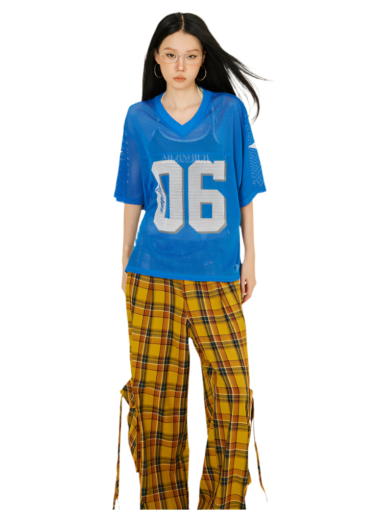 Axis Mundi American Digital Print Mesh Cutout Short Sleeve T-Shirt Women's Loose Casual Jersey Athletic Top