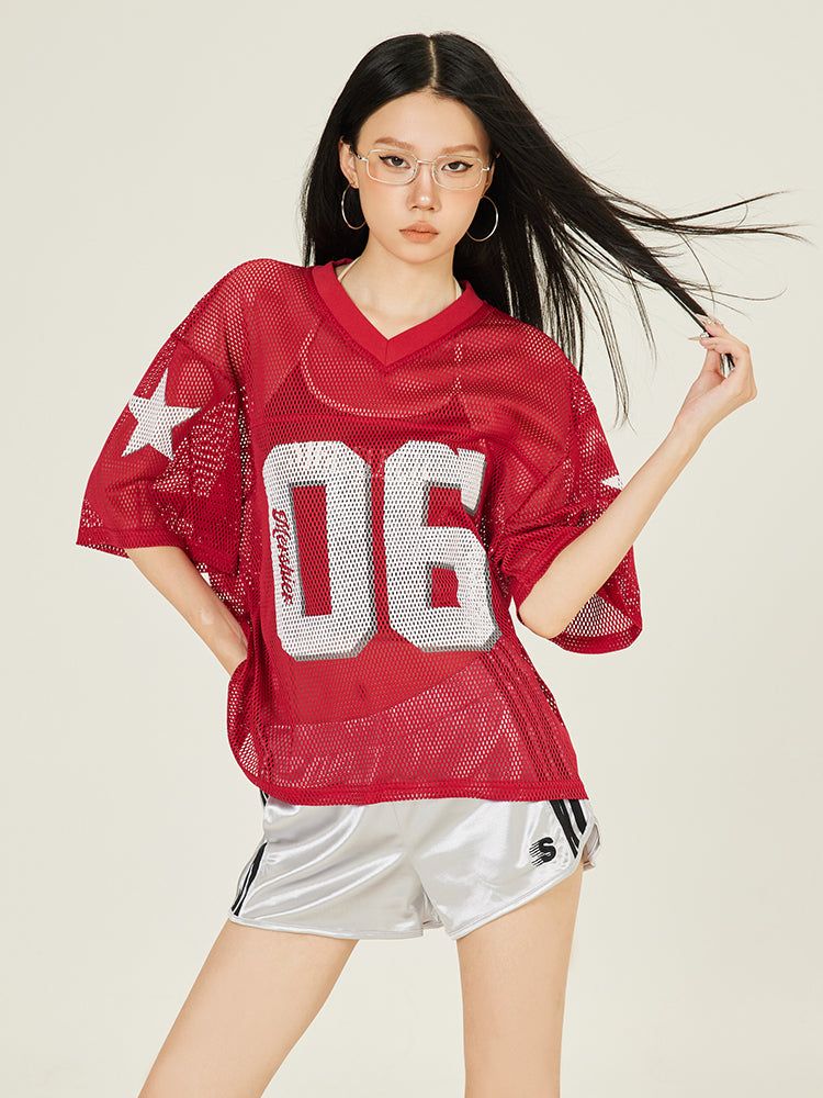 Axis Mundi American Digital Print Mesh Cutout Short Sleeve T-Shirt Women's Loose Casual Jersey Athletic Top