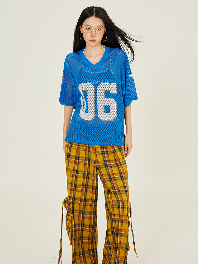 Axis Mundi American Digital Print Mesh Cutout Short Sleeve T-Shirt Women's Loose Casual Jersey Athletic Top