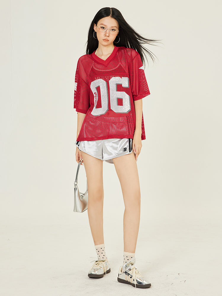 Axis Mundi American Digital Print Mesh Cutout Short Sleeve T-Shirt Women's Loose Casual Jersey Athletic Top