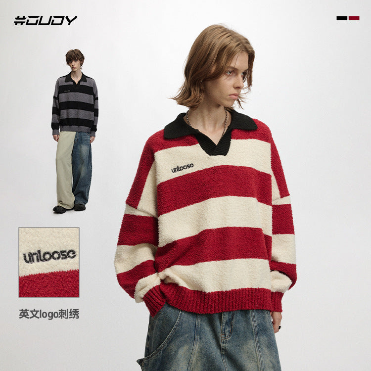 OVDY retro embroidery polo stripe couple knitted top heavy sweater