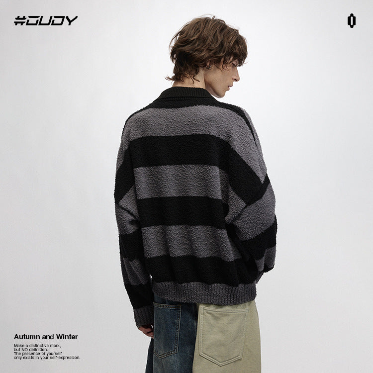 OVDY retro embroidery polo stripe couple knitted top heavy sweater