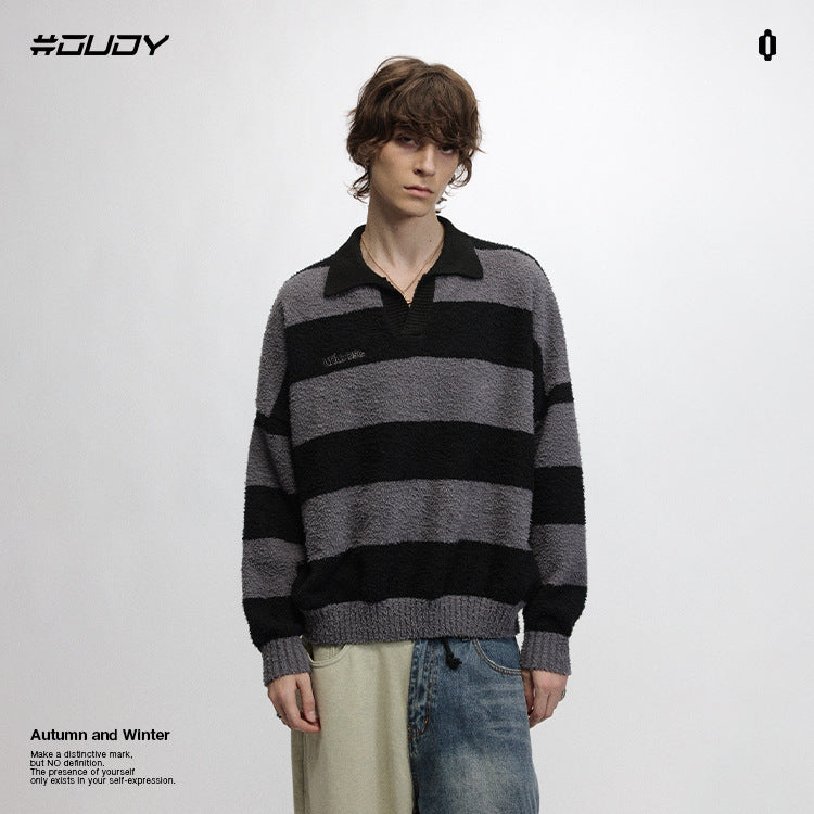 OVDY retro embroidery polo stripe couple knitted top heavy sweater