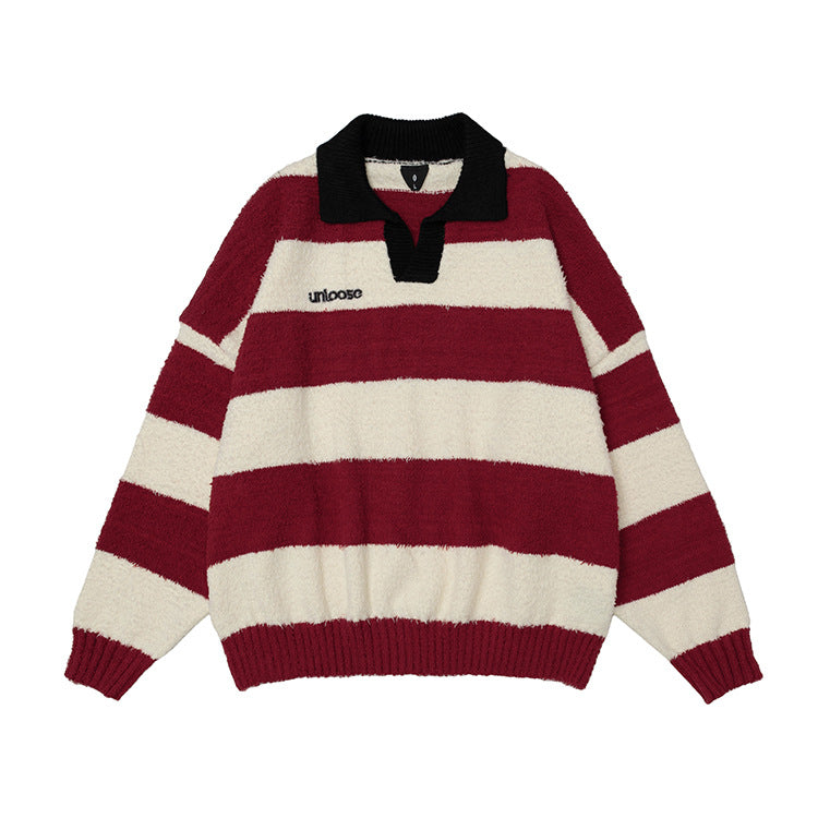 OVDY retro embroidery polo stripe couple knitted top heavy sweater