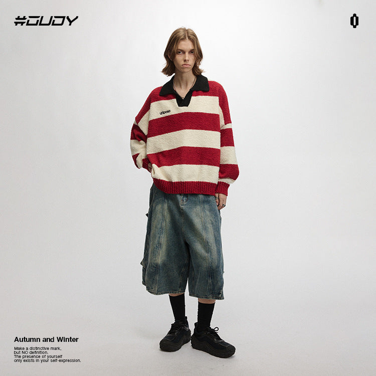 OVDY retro embroidery polo stripe couple knitted top heavy sweater