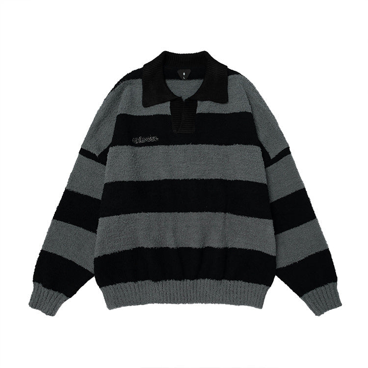 OVDY retro embroidery polo stripe couple knitted top heavy sweater