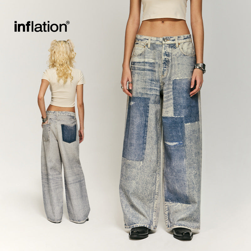 INFLATION Washed Snowflake Digital Printed Straight-leg Jeans