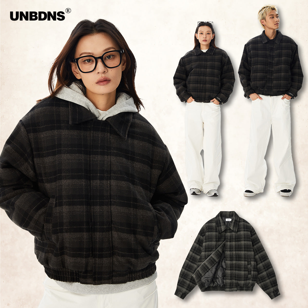 UNBDNS unisex American retro ruffian plaid lapel padded jacket