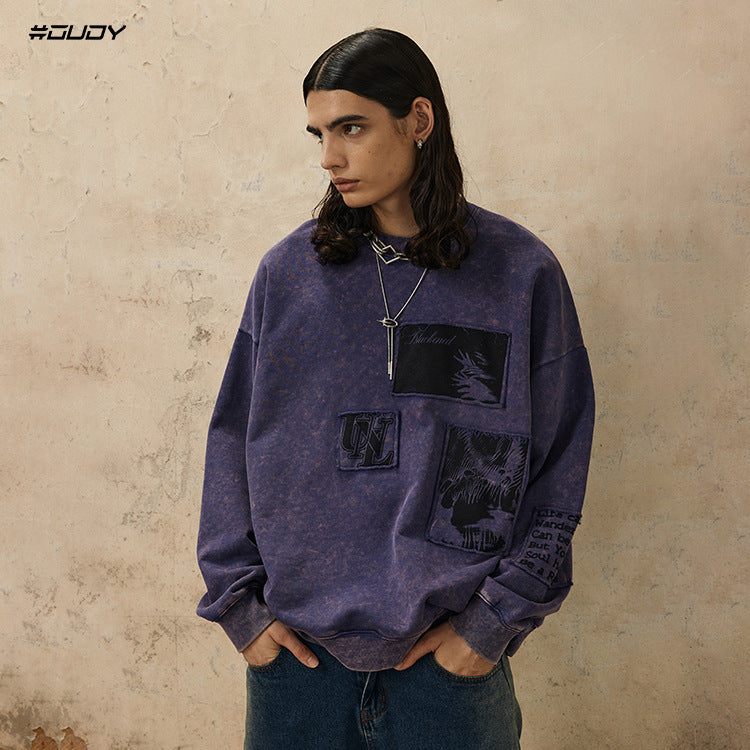 OVDY Appliqué Letters Terry Simple Loose Drop Shoulders Unisex Sweatshirt