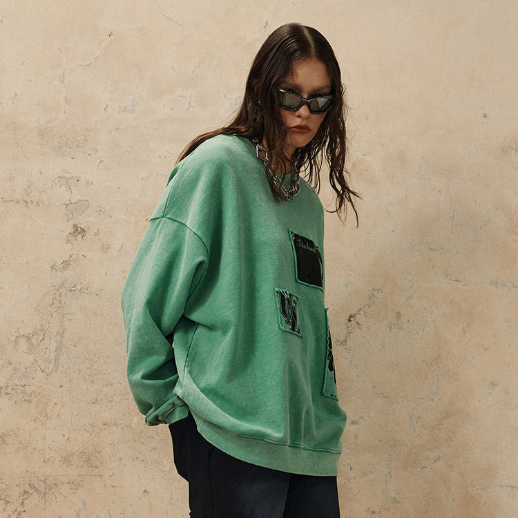 OVDY Appliqué Letters Terry Simple Loose Drop Shoulders Unisex Sweatshirt