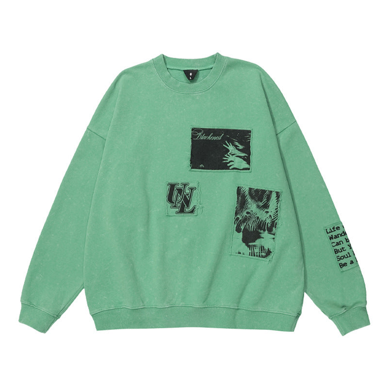 OVDY Appliqué Letters Terry Simple Loose Drop Shoulders Unisex Sweatshirt