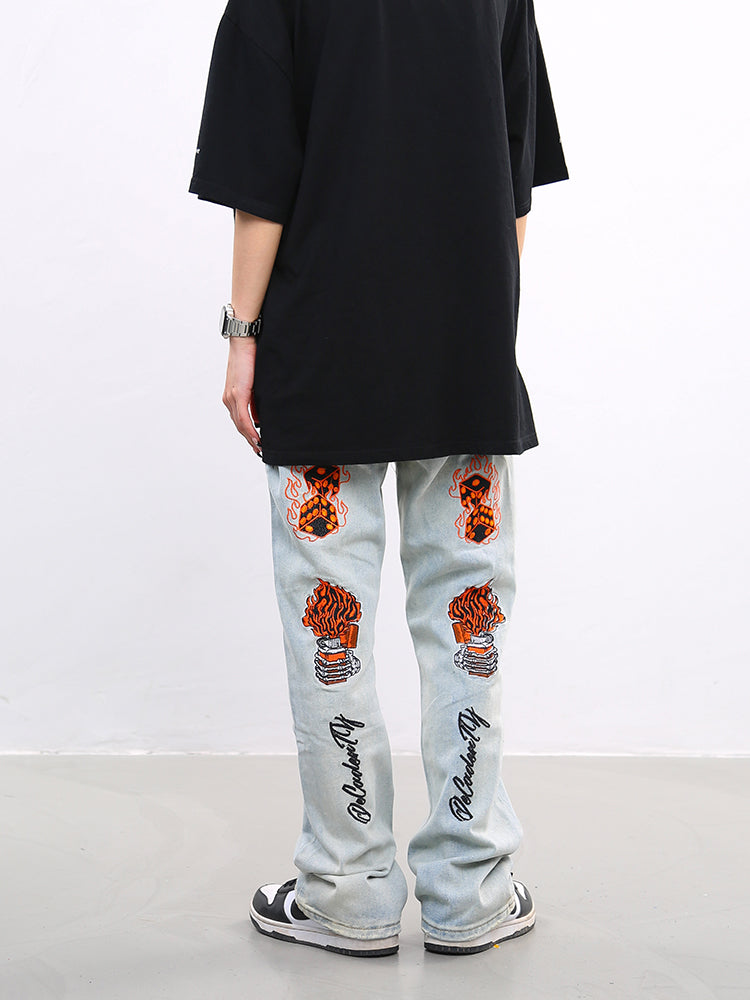 BTSG Washed Old Embroidered Skull Jeans
