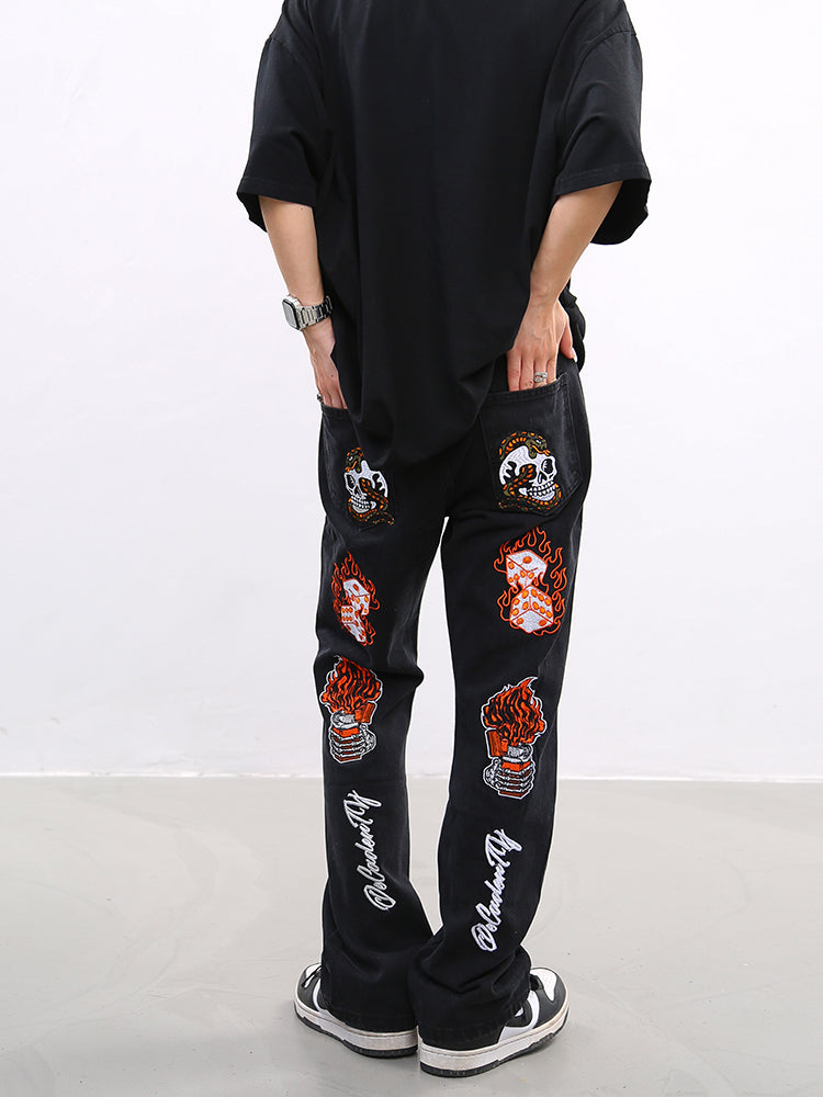 BTSG Washed Old Embroidered Skull Jeans