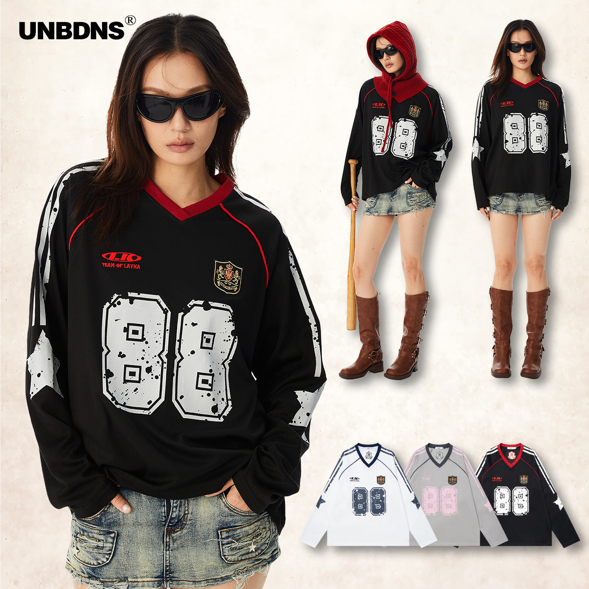 UNBDNS Vintage Digital Athletic Jersey Long Sleeve Loose Sweatshirt